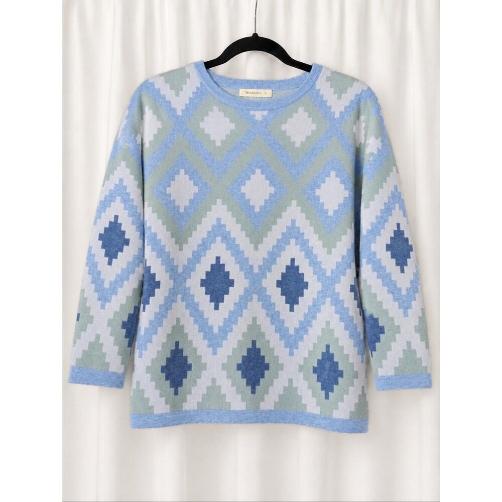 Woolovers Blue Southwestern Geometric Pullover Wool Blend Heritage Knit Sweater